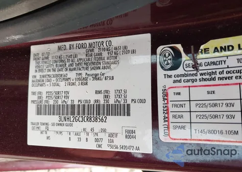 2012 Lincoln Mkz z USA, uszkodzony, nr VIN 3LNHL2GC3CR838562